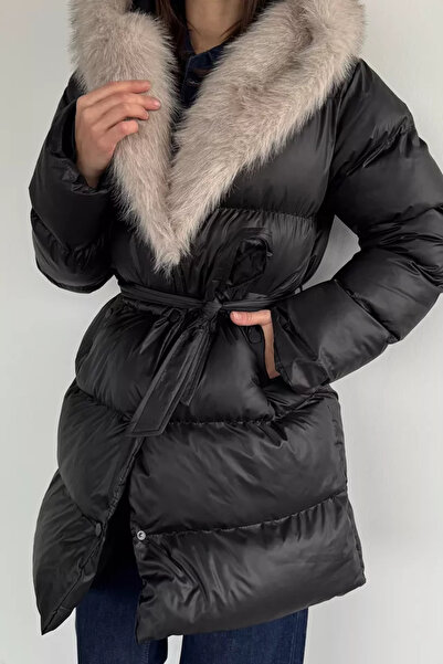 TOZLU Women's Hooded Fur Waist Belt Detailed Coat