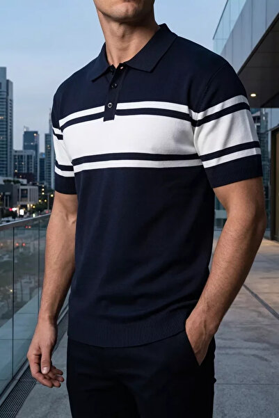 TOZLU Men's Polo Collar Color Striped Knitwear T-Shirt