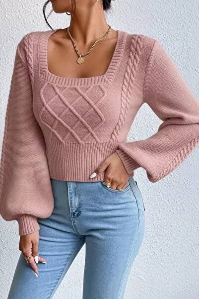 TOZLU Pulover de damă Gülseli cu guler pătrat, tricotat, cu model