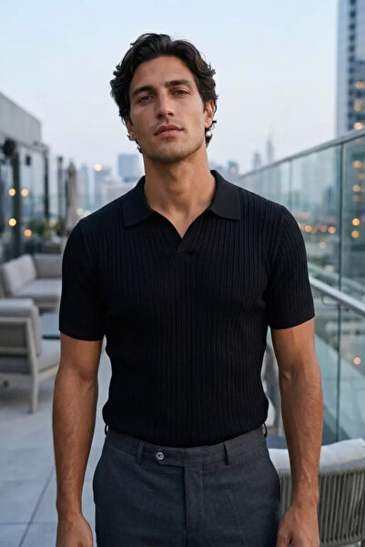 TOZLU Men's Polo Neck Self-Patterned Knitwear T-Shirt