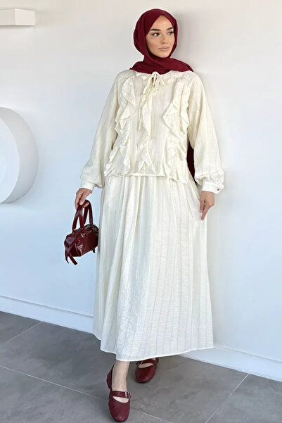 TOZLU Elastic Waist Skirt, Front Ruffled Blouse, Hijab, Two-Piece Set
