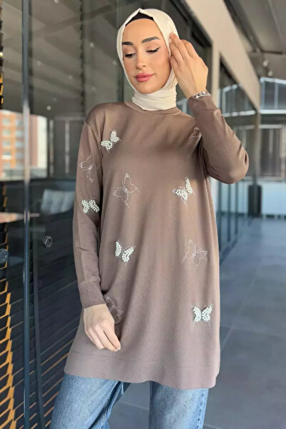 TOZLU Butterfly Stone Decorated Crew Neck Hijab Tunic