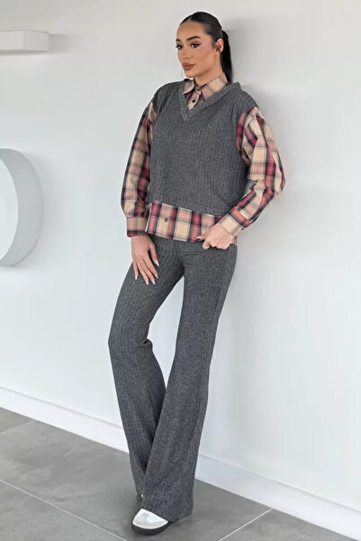 TOZLU Women's Sweater, Garnished Plaid Patterned Shirt, Elastic Waist Pants, ...