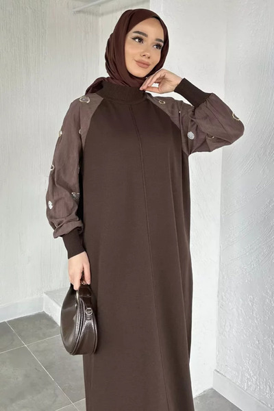 TOZLU Gülseli Sleeves Stone Embellished Hijab Knitwear Dress