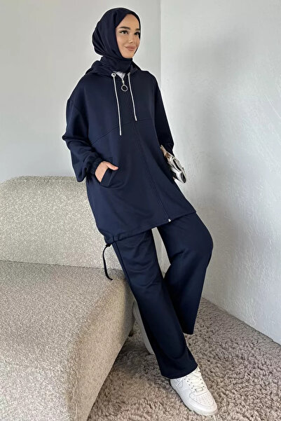 TOZLU Front Zippered Hooded Tunic with Elastic Waist Pants, Islamic Clothing ...