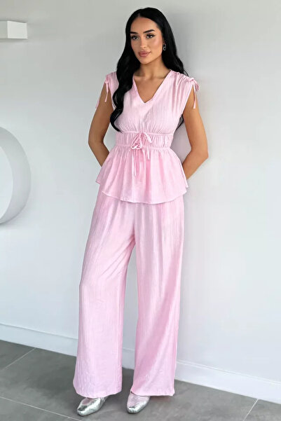 TOZLU Women's Elastic Waist Pants V-Neck Blouse Two-Piece Set