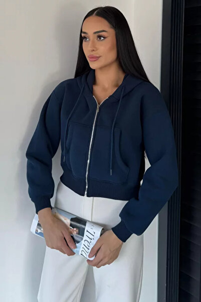 TOZLU Hanorac crop top cu glugă și fermoar frontal pentru femei