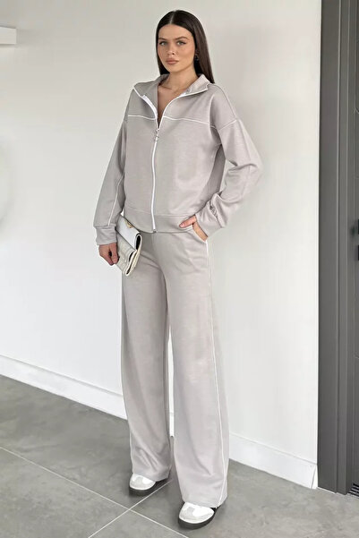 TOZLU Women's Ruffled Front Zippered Elastic Waist Sweatpants Set