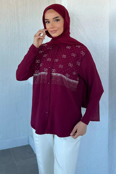 TOZLU Front Stone Embellished Hijab Shirt