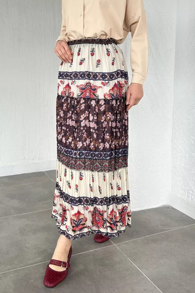 TOZLU Patterned Chiffon Hijab Skirt with Elastic Waist