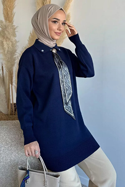 TOZLU Gülseli Polo Collar Hijab Accessory Tunic with Scarf Accessory