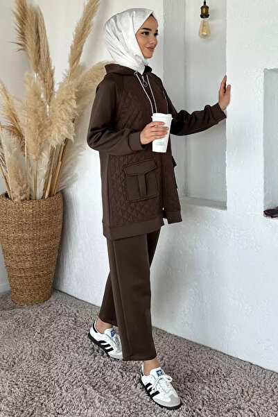 TOZLU Quilted Brooch Detailed Hooded Hijab Tunic and Elastic Waist Pants Doub...