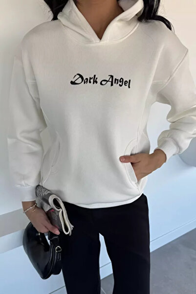 TOZLU Women's Hooded Kangaroo Pocket Printed Three-Thread Ribbed Sweatshirt