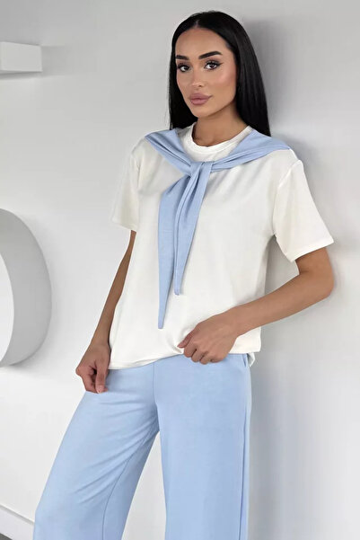 TOZLU Gülseli Women's Elastic Waist Pants and Tie-Front Blouse Two-Piece Set