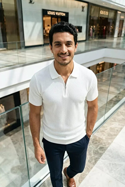 TOZLU Men's Polo Collar Half Zipper Patterned Knitwear T-Shirt