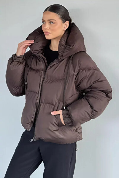 TOZLU Women's Hooded Inner Lined Inflatable Coat with Elastic Cuffs and Waist