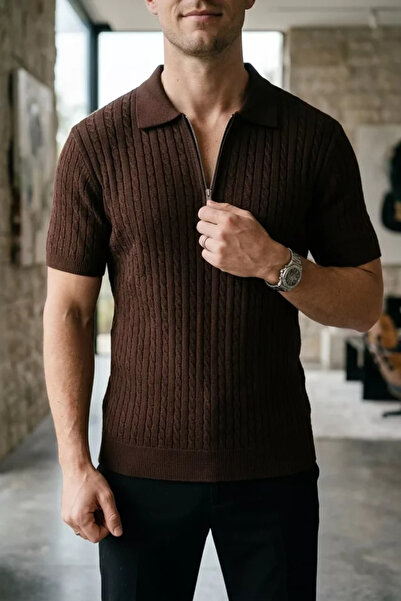 TOZLU Polo Collar Half Zipper Men's Knitwear T-Shirt