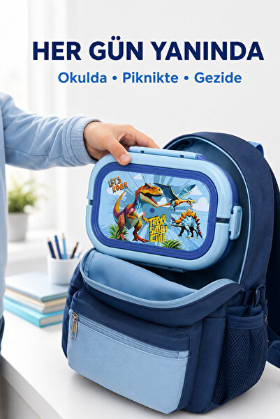 Open Home Concept Blue Dinosaur Children's Lunch Box with 6 Compartments, Loc...