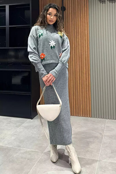 TOZLU Women's Half Turtleneck Embroidered Knitwear Blouse Dress Double Set