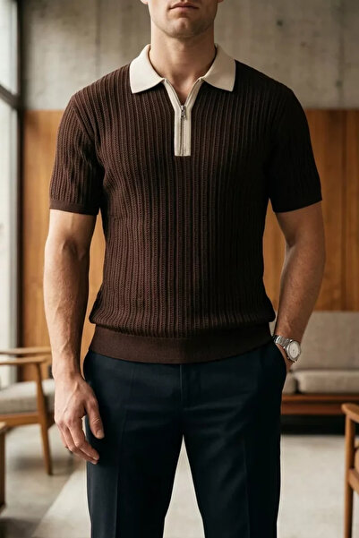 TOZLU Men's Polo Collar Half Zipper Patterned Knitwear T-Shirt