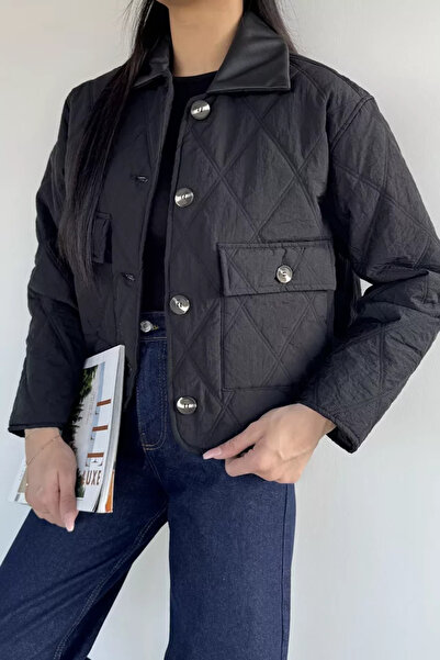 TOZLU Women's Collared Leather Detailed Quilted Coat