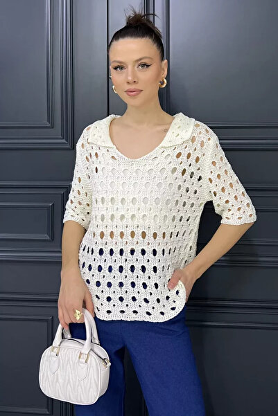TOZLU Women's Polo Neck Openwork Seasonal Knitwear Blouse