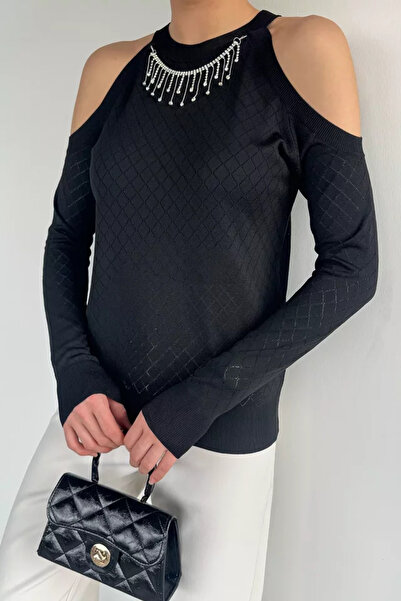 TOZLU Off-The-Shoulder Crew Neck Stoned Women's Knitwear Blouse