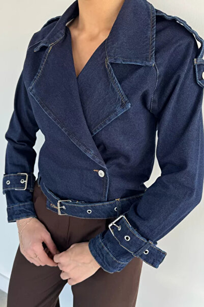 TOZLU Women's Double-Breasted Collar Belt Detailed Jean Denim Jacket