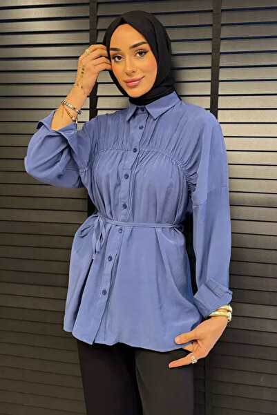 TOZLU Women's Front Gathered Detailed Waist Tie Hijab Tunic