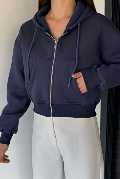 TOZLU Hanorac crop top cu glugă și fermoar frontal pentru femei