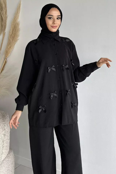 TOZLU Women's Bow Detailed Hijab Shirt and Pants Two-Piece Set