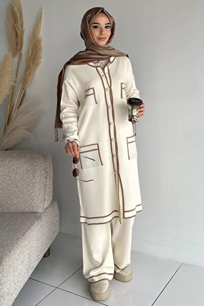 TOZLU Front Buttoned Hijab Knitwear Cardigan Elastic Waist Pants Double Set