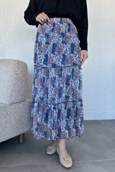 TOZLU Patterned Chiffon Hijab Skirt with Elastic Waist