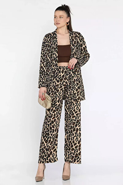 TOZLU Women's Leopard Patterned Kimono Pants Double Set