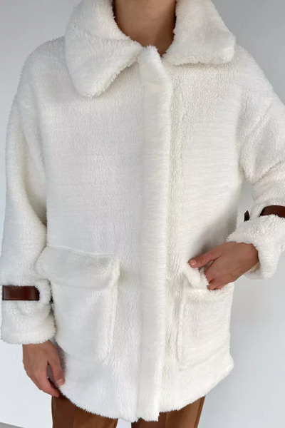TOZLU Women's Double Pocket Plush Coat with Buckle Detail on the Sleeves