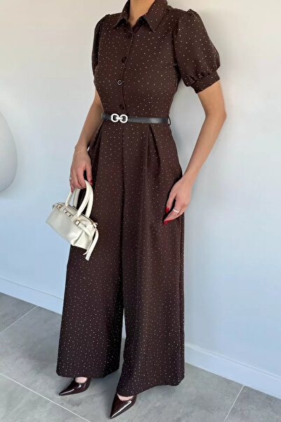 TOZLU Women's Shirt Collar Stone-Embellished Jumpsuit
