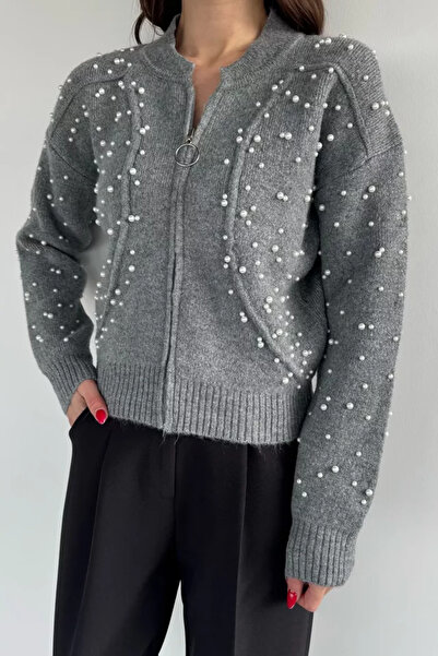 TOZLU Modern Design Pearl Printed Zippered Women's Jacket Cardigan (Available...