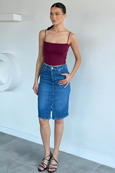 TOZLU Women's Jean Denim Skirt with Pockets and Slit Detail