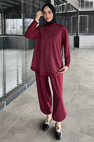TOZLU Stone Embroidered Crew Neck Tunic Pants Hijab Double Set