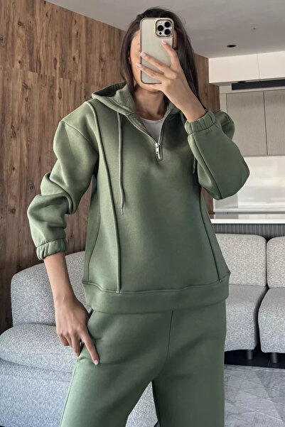 TOZLU Half-Zip Three-Thread Ribbed Women's Sweatshirt
