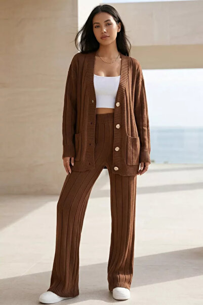 TOZLU Women's Front Buttoned Self-Line Patterned Knitwear Cardigan Trousers T...