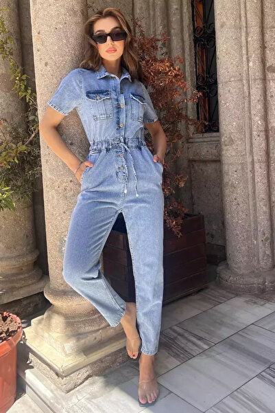 TOZLU Polo Collar Double Pockets Women's Jean Denim Overalls Salopet
