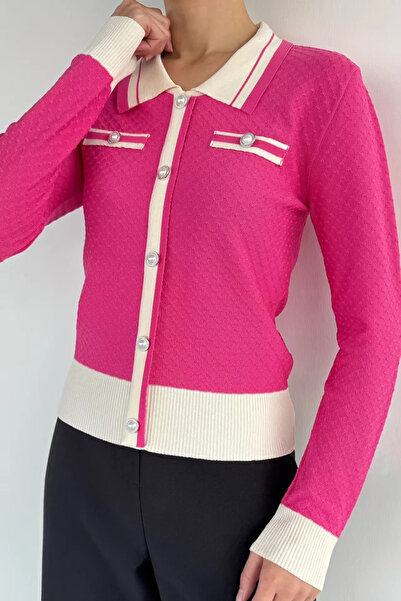 TOZLU Women's Polo Collar Knitwear Cardigan with Pearl Button Detail (Availab...