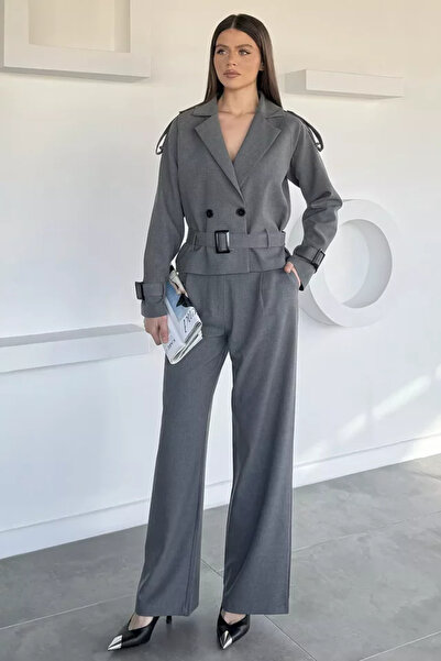 TOZLU Women's Inner Lined Belt Detailed Blazer Jacket Trousers Two-Piece Set