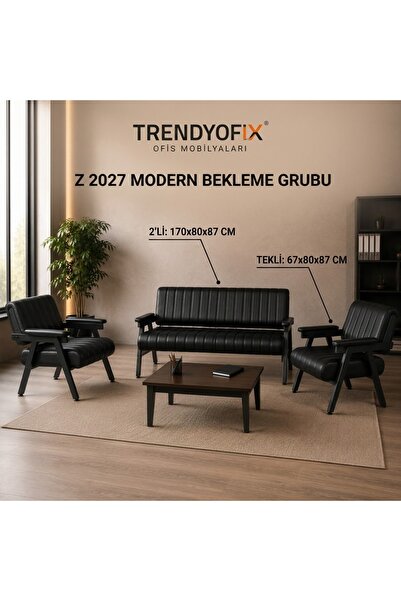 TRENDYOFİX Ofis Bekleme Grubu Siyah Deri Koltuk Takımı 3+1+1 Modern Lobi Misa...