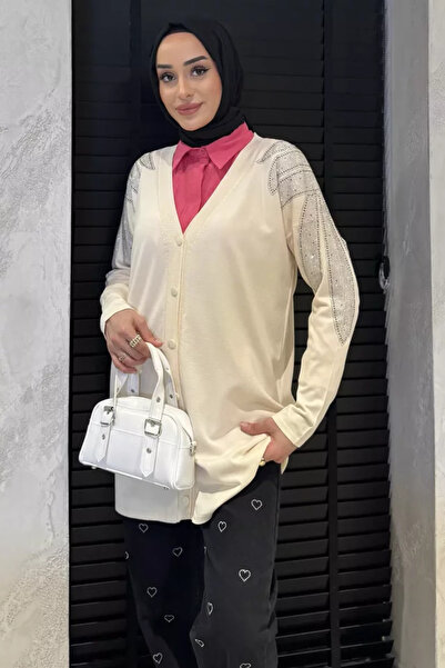 TOZLU Shoulder Stone Decorated Hijab Knitwear Cardigan