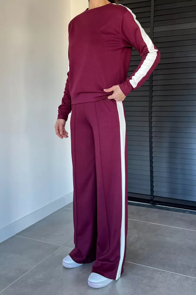 TOZLU Crew Neck Striped Sweat Pants Double Set