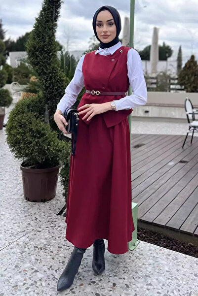 TOZLU Women's Belt Accessory Brooched Vest Skirt Hijab Double Set