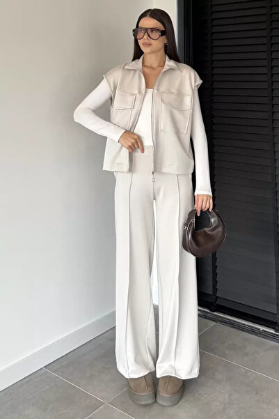 TOZLU Women's Double Pocket Vest and Elastic Waist Palazzo Trousers Two-Piece...