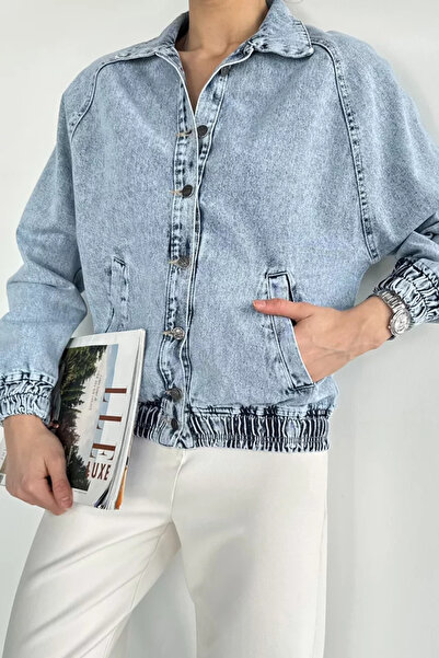 TOZLU Women's Elastic Waist Buttoned Front Jean Denim Jacket